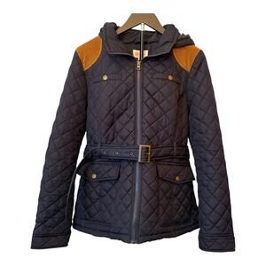 Krush Navy Brown Coat - Belt & Hood - Mid-weight Preppy Quiet Luxury Large to XL